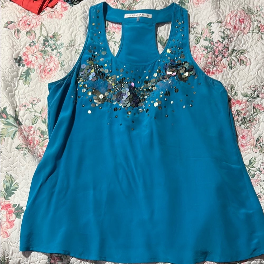 Blue Embellished Relaxed Tank Top